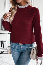 Load image into Gallery viewer, Burgundy Contrast Lace Frilled Trim Raglan Sleeve Sweater
