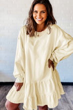 Load image into Gallery viewer, Beige Double Tiered Ruffle Hem Long Sleeve Loose Mini Dress
