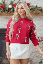 Load image into Gallery viewer, Racing Red Christmas Candy Cane Holiday Drop Shoulder Sweater
