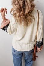 Load image into Gallery viewer, Beige Floral Patchwork Textured Knit Drawstring V Neck Blouse
