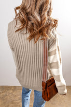 Load image into Gallery viewer, Khaki Cable Knit Colorblock Crew Neck Drop Shoulder Sweater
