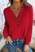Load image into Gallery viewer, Racing Red Solid Color Button V Neck Long Sleeve Top
