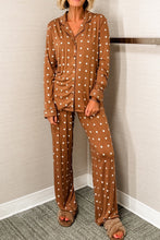Load image into Gallery viewer, Brown Polka Dot Print Long Sleeve Shirt Pant 2pcs Pajama Set
