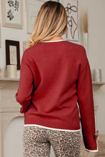 Load image into Gallery viewer, Racing Red Leopard Bow Decor Split Cuff Contrast Trim Sweater
