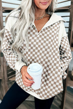 Load image into Gallery viewer, Khaki Checkered Print Quarter Zip Ribbed Patchwork Loose Sweatshirt
