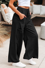 Load image into Gallery viewer, Black Mineral Wash Exposed Seam Drawstring Elastic Waistband Wide Leg Cargo Pants

