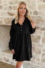 Load image into Gallery viewer, Black Corduroy Half Button Collared Long Sleeve Mini Dress
