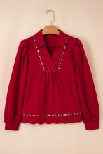 Load image into Gallery viewer, Fiery Red Collar V Neck Leopard Contrasted Trim Textured Blouse
