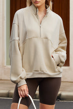 Load image into Gallery viewer, Apricot Half Zip Stand Collar Exposed Seam Solid Color Casual Sweatshirt
