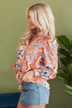 Load image into Gallery viewer, Orange Floral Print Shirred Cuff Buttoned Loose Shirt
