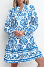 Load image into Gallery viewer, Sky Blue Tribal Print Button Up Notch Neck Loose Mini Dress
