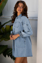Load image into Gallery viewer, Beau Blue Smocked Cuffs Flared Denim Shirt Mini Dress

