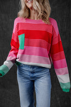 Load image into Gallery viewer, Rose Striped Knit Patch Pocket Drop Shoulder Sweater
