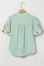 Load image into Gallery viewer, Clearly Aqua Floral Embroidered Puff Sleeve Split Neck Blouse
