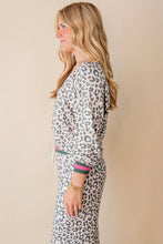 Load image into Gallery viewer, Gray V Neck Leopard Long Sleeve Top Striped Webbing Patchwork Drawstring Pant Set
