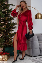 Load image into Gallery viewer, Dearlove Racing Red Velvet Buttoned Puff Sleeve V Neck Split Midi Dress
