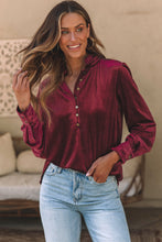 Load image into Gallery viewer, Burgundy Frilled Neck Buttoned Front Velvet Top
