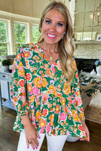 Load image into Gallery viewer, Green Floral Puff Sleeve V Neck Peplum Blouse
