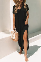 Load image into Gallery viewer, Black V Neck Hidden Pocket Splits Maxi T-shirt Dress
