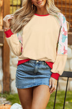Load image into Gallery viewer, Beige Bowknot Printed Patchwork Raglan Sleeve Colorblock Edge Top
