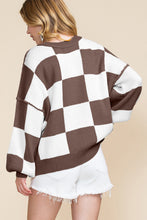 Load image into Gallery viewer, Dark Brown Checkered Bishop Sleeve Sweater
