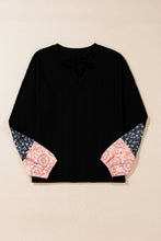 Load image into Gallery viewer, Black Floral Patchwork Textured Knit Drawstring V Neck Blouse
