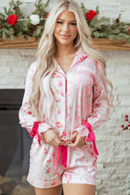 Load image into Gallery viewer, Pink Mixed Floral Print Contrast Piping Trim Satin Tie 2pcs Pajama Set
