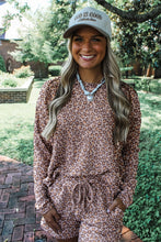 Load image into Gallery viewer, Khaki Leopard Ribbed Long Sleeve Top Drawstring Shorts 2pcs Outfit
