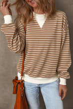 Load image into Gallery viewer, Khaki Stripe Patched Edge Textured Round Neck Long Sleeve Top
