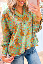 Load image into Gallery viewer, Green Tiger Floral Printed Collared V Neck Casual Shirt

