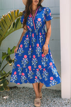 Load image into Gallery viewer, Sky Blue Floral Puff Short Sleeve V Neck High Waist Maxi Dress

