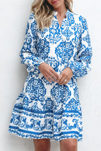 Load image into Gallery viewer, Sky Blue Tribal Print Button Up Notch Neck Loose Mini Dress
