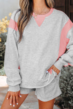 Load image into Gallery viewer, Light Grey Color Block Raw Hem Pullover and Casual Shorts Set
