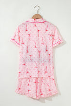 Load image into Gallery viewer, Pink Bow Print Contrast Pipping Short Pajamas Set

