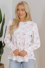 Load image into Gallery viewer, Pink Floral Print Shirred Balloon Sleeve Keyhole Back Babydoll Blouse
