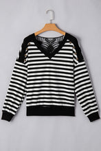 Load image into Gallery viewer, Black Stripe Crochet Hollow-out Back Buttoned Shoulder V Neck Top
