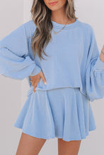 Load image into Gallery viewer, Sky Blue Corded Lantern Sleeve Top High Waist Ruffled Mini Skirt Set
