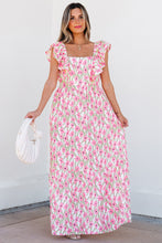 Load image into Gallery viewer, Pink Floral Print Square Neck Ruffled Strap Maxi Dress
