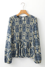 Load image into Gallery viewer, Sky Blue Boho Printed Balloon Sleeve Smocked Peplum Blouse
