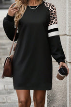 Load image into Gallery viewer, Black Leopard Print Patchwork Varsity Raglan Sleeve Sweatshirt Dress

