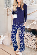Load image into Gallery viewer, Blue Solid Top and Christmas Pants Two Piece Lounge Set
