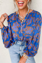 Load image into Gallery viewer, Blue Floral Print Batwing Sleeve Buttoned Loose Fit Shirt
