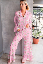 Load image into Gallery viewer, Pink Christmas Print Ruffled Ribbed Shirt &amp; Pants 2 Piece PJ Set
