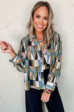 Load image into Gallery viewer, Green Geometric Print Buttoned Balloon Sleeve Loose Fit Shirt
