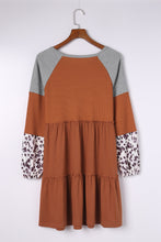 Load image into Gallery viewer, Brown Waffle Knit Leopard Patchwork Long Sleeve Dress
