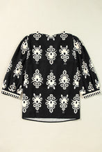 Load image into Gallery viewer, Black Vintage Geometric Printed 3/4 Sleeve V Neck Blouse
