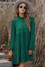 Load image into Gallery viewer, Green Puff Sleeve Mock Neck Back Knot Tiered Dress
