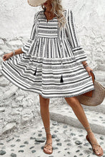 Load image into Gallery viewer, Black Stripe V Neck Bell Sleeve High Waist Mini Dress
