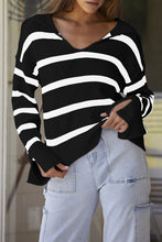 Load image into Gallery viewer, Black Caped V Neck Slit Sleeve Striped/Solid Sweater
