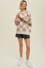 Load image into Gallery viewer, Parchment Checkered Pattern Ribbed Trim Knit Baggy Sweater
